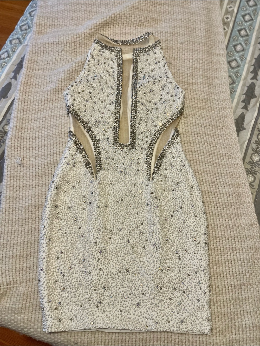 Jovani Ivory Beaded Halter Mini Dress with Silver Accents - Picture 8 of 14